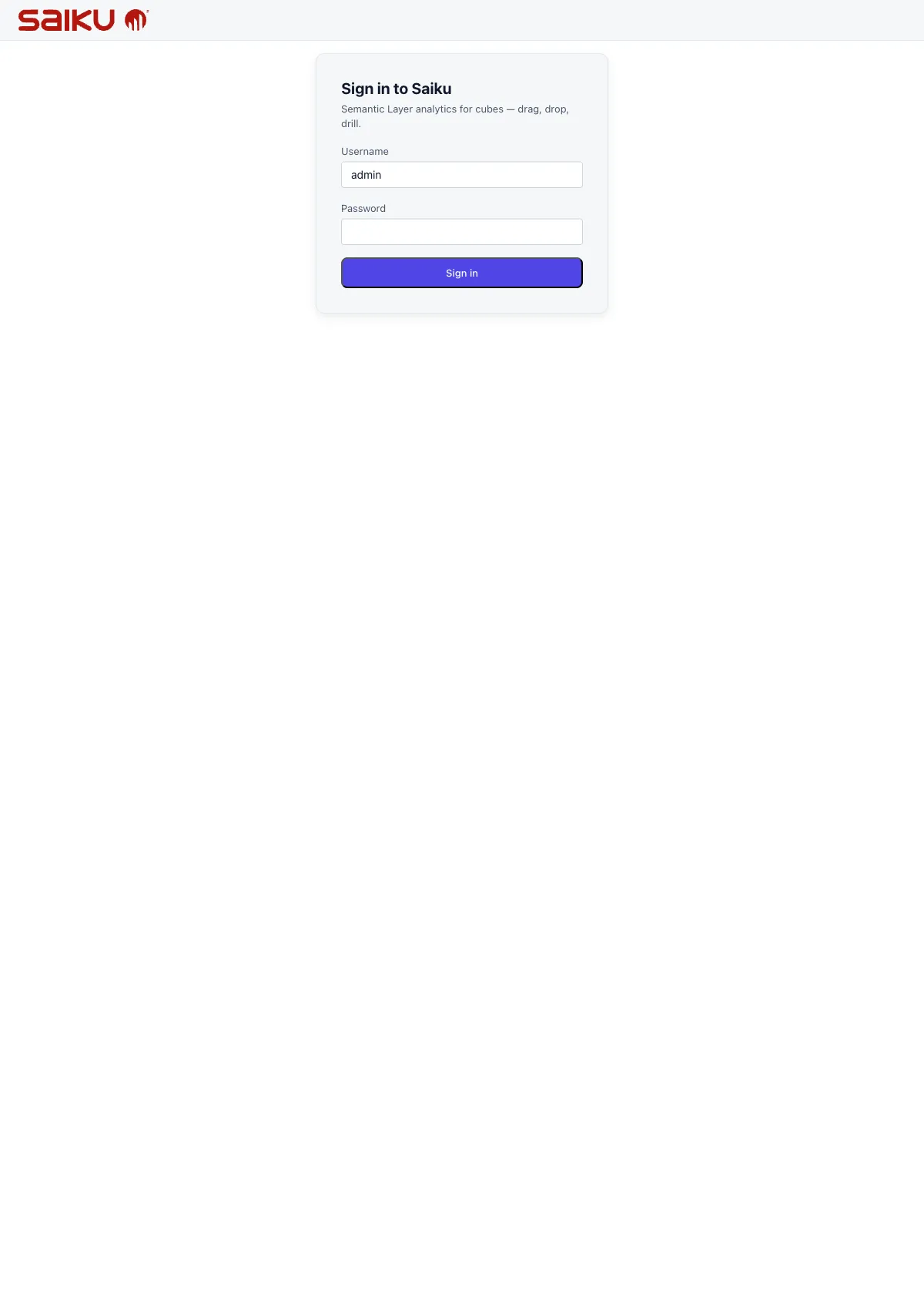 Saiku sign-in page: Username 'admin', empty Password field, Sign in button