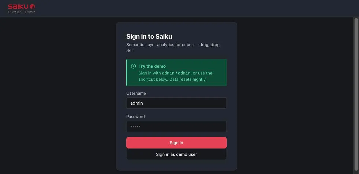 Saiku sign-in page: a 'Try the demo' note, Username pre-filled with admin, a Password field, then Sign in and 'Sign in as demo user' buttons
