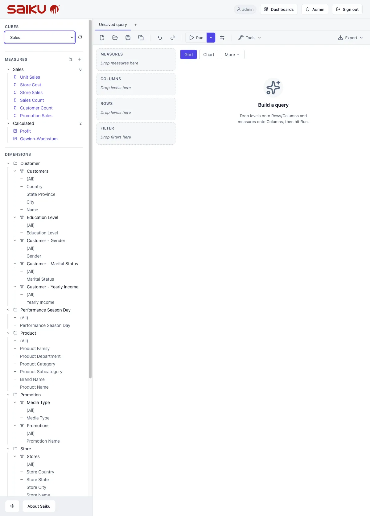 Schema tree loaded: Measures at top, Dimensions below with expandable hierarchies